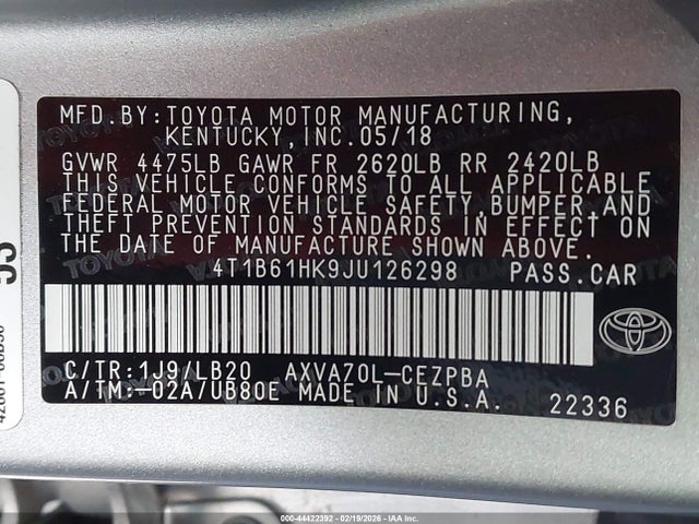 4T1B61HK9JU126298 Toyota CAMRY XSE