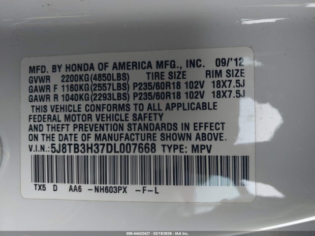 44422427 :رقم المزاد ، 5J8TB3H37DL007668 vin ، 2013 Acura Rdx مزاد بيع