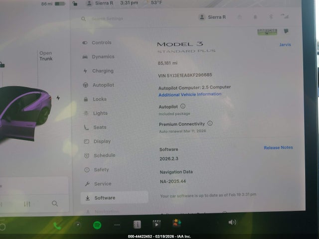 44422452 :رقم المزاد ، 5YJ3E1EA8KF296685 vin ، 2019 Tesla Model 3 Long Range/mid Range/standard Range/standard Range Plus مزاد بيع