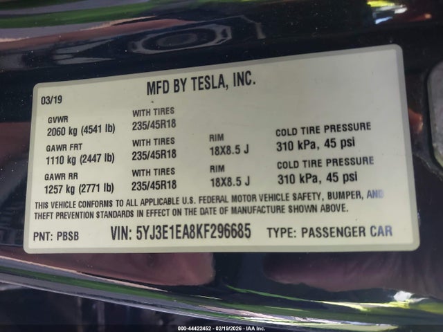 44422452 :رقم المزاد ، 5YJ3E1EA8KF296685 vin ، 2019 Tesla Model 3 Long Range/mid Range/standard Range/standard Range Plus مزاد بيع