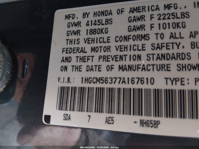 Продажа на аукционе авто 2007 Honda Accord 2.4 Se, vin: 1HGCM56377A167610, номер лота: 44422455