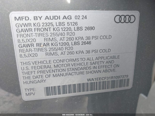 Продажа на аукционе авто 2024 Audi Q3 Premium Plus 45 Tfsi S Line Quattro Tiptronic, vin: WA1EECF31R1097379, номер лота: 44422456