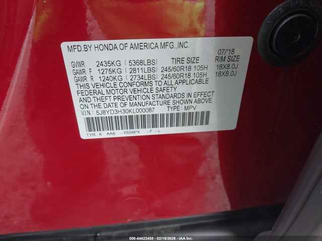 44422458 :رقم المزاد ، 5J8YD3H30KL000087 vin ، 2019 Acura Mdx Standard مزاد بيع