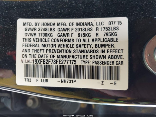 Honda CIVIC SE 2015 19XFB2F78FE277175 Image 9