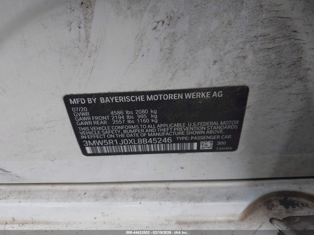 2020 Bmw 330i მანქანა იყიდება აუქციონზე, vin: 3MW5R1J0XL8B45246, აუქციონის ნომერი: 44422502