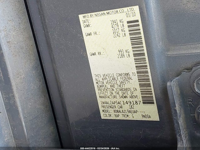 Aukcja sprzedaży 2010 Nissan Altima 2.5 S, vin: 1N4AL2AP5AC149187, numer aukcji: 44422516