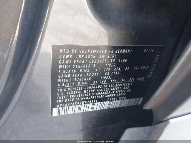 WVGAV7AX6GW576284 Volkswagen TIGUAN S