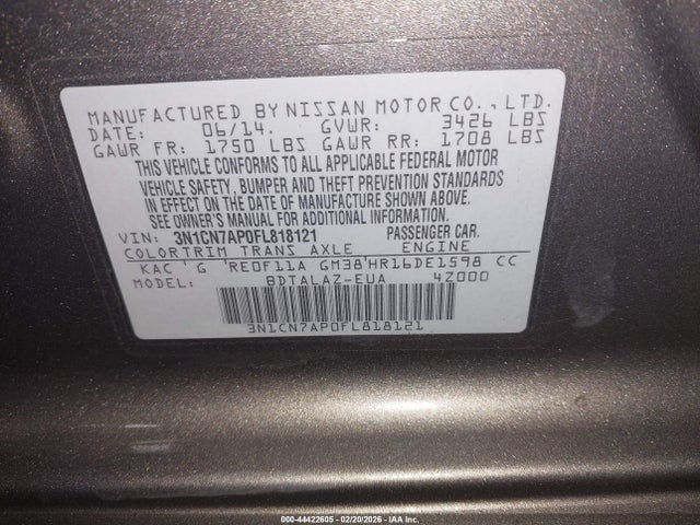 3N1CN7AP0FL818121 Nissan Versa 1.6 S+