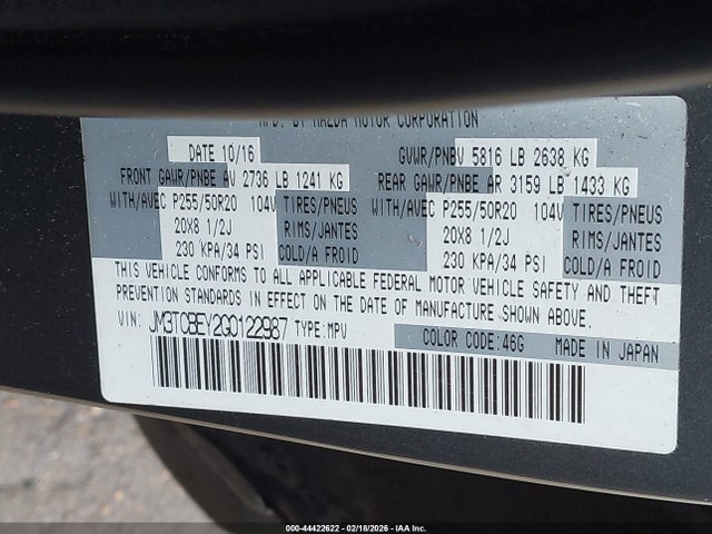 Aukcja sprzedaży 2016 Mazda Cx-9 Signature, vin: JM3TCBEY2G0122987, numer aukcji: 44422622
