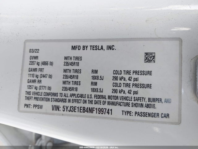 Aukcja sprzedaży 2022 Tesla Model 3 Long Range Dual Motor All-wheel Drive, vin: 5YJ3E1EB4NF199741, numer aukcji: 44422629
