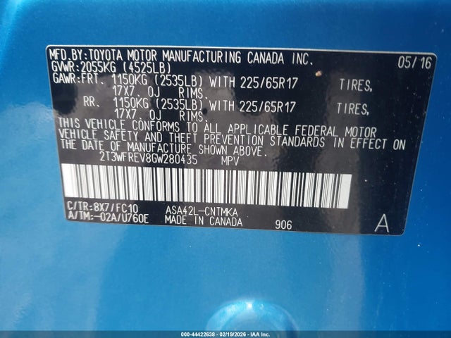 2T3WFREV8GW280435 Toyota Rav4 Xle