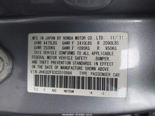 44422678 :رقم المزاد ، JH4CU2F63CC010984 vin ، 2012 Acura Tsx 2.4 مزاد بيع