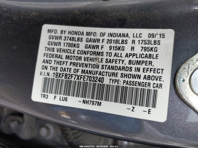 Honda CIVIC SE 2015 19XFB2F7XFE703240 Image 9