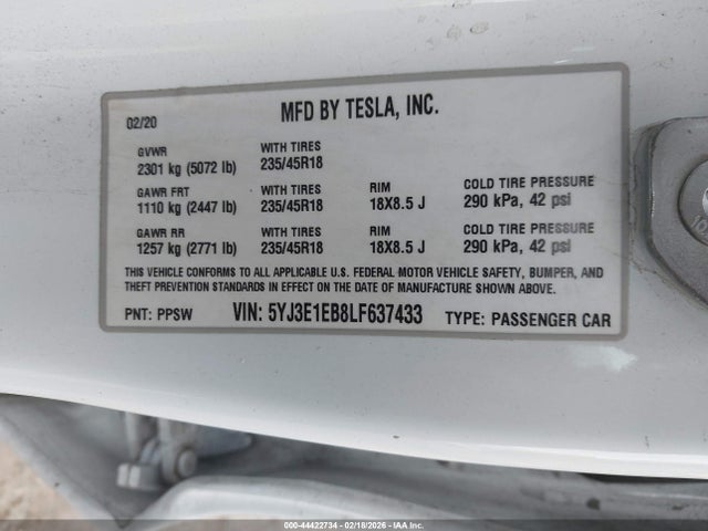 44422734 :رقم المزاد ، 5YJ3E1EB8LF637433 vin ، 2020 Tesla Model 3 Long Range Dual Motor All-wheel Drive مزاد بيع