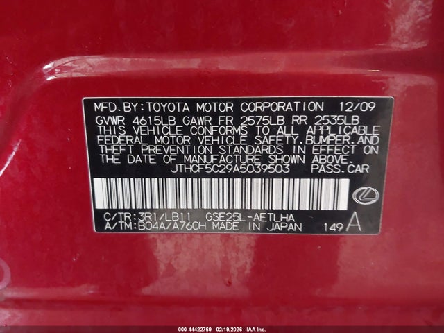Aukcja sprzedaży 2010 Lexus Is 250, vin: JTHCF5C29A5039503, numer aukcji: 44422769