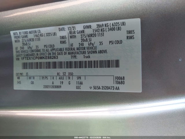 Продажа на аукционе авто 2021 Ford F-150 Xl, vin: 1FTEX1CP0MKE88263, номер лота: 44422770