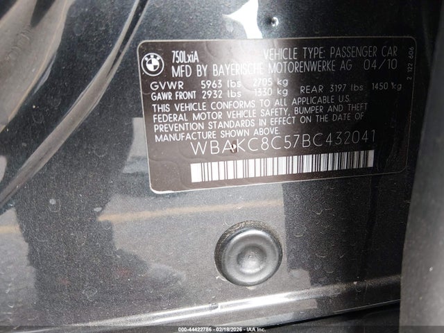 Aukcja sprzedaży 2011 Bmw 750li Xdrive, vin: WBAKC8C57BC432041, numer aukcji: 44422786