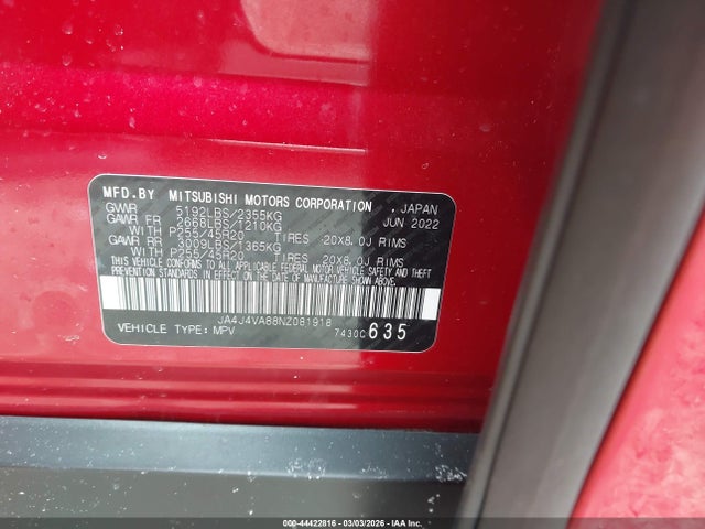 44422816 :رقم المزاد ، JA4J4VA88NZ081918 vin ، 2022 Mitsubishi Outlander Sel Special Edition S-awc مزاد بيع