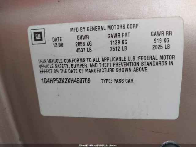 44422826 :رقم المزاد ، 1G4HP52K2XH459709 vin ، 1999 Buick Lesabre Custom مزاد بيع
