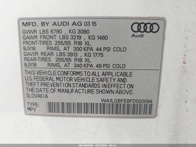 Aukcja sprzedaży 2015 Audi Q7 3.0t Premium, vin: WA1LGBFE8FD020094, numer aukcji: 44422834
