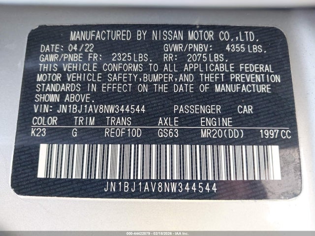 Aukcja sprzedaży 2022 Nissan Rogue Sport S Fwd Xtronic Cvt, vin: JN1BJ1AV8NW344544, numer aukcji: 44422879
