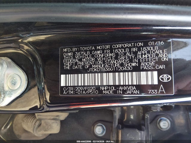 Aukcja sprzedaży 2016 Toyota Prius C Two, vin: JTDKDTB36G1120430, numer aukcji: 44422896