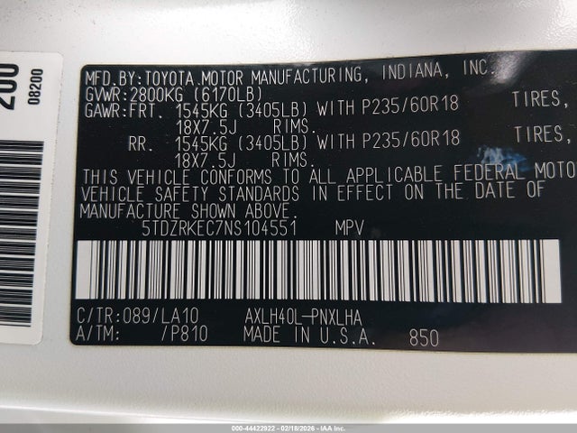 5TDZRKEC7NS104551 Toyota Sienna Limited