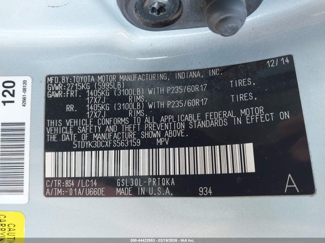 5TDYK3DCXFS563159 Toyota Sienna Xle Premium 8 Passenger