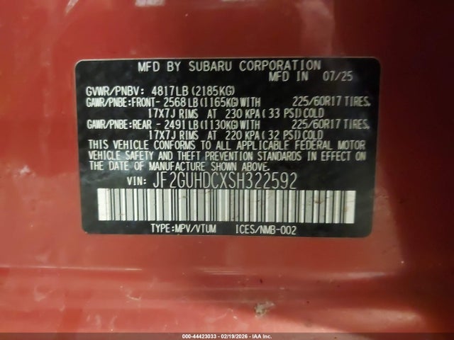 44423033 :رقم المزاد ، JF2GUHDCXSH322592 vin ، 2025 Subaru Crosstrek Premium مزاد بيع