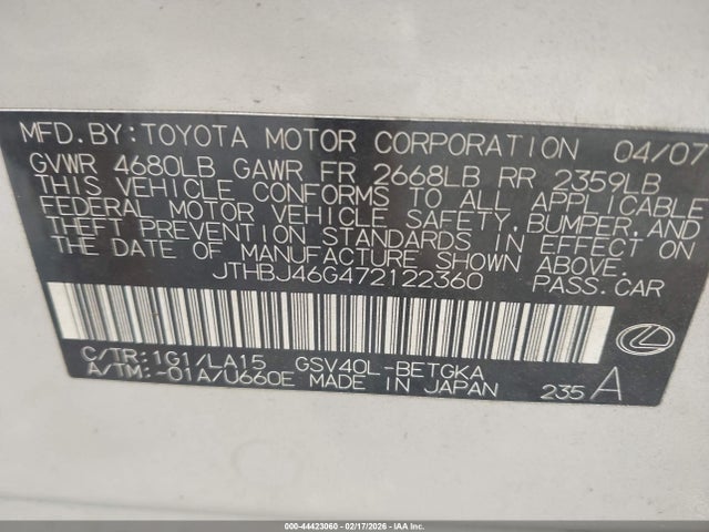 Продажа на аукционе авто 2007 Lexus Es 350, vin: JTHBJ46G472122360, номер лота: 44423060