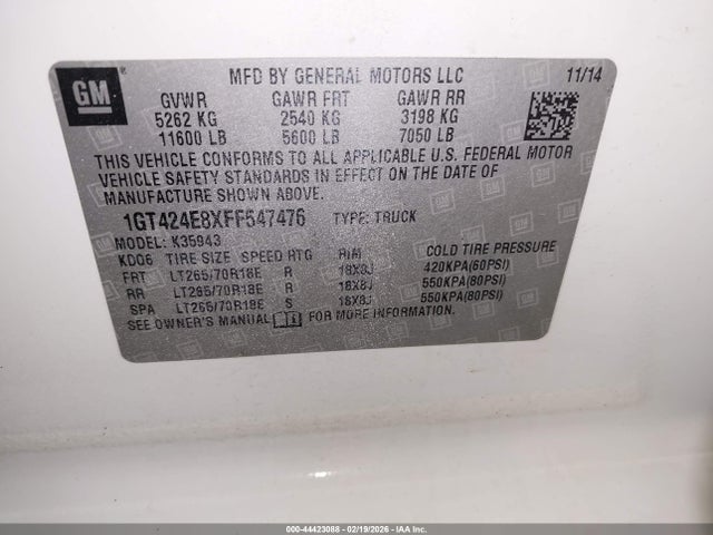 44423088 :رقم المزاد ، 1GT424E8XFF547476 vin ، 2015 Gmc Sierra 3500hd Denali مزاد بيع