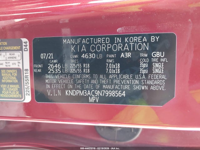 44423219 :رقم المزاد ، KNDPM3AC9N7998564 vin ، 2022 Kia Sportage Lx مزاد بيع