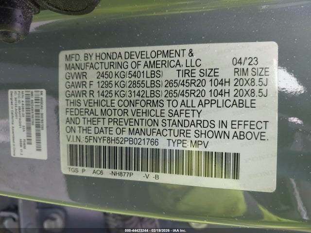 5FNYF8H52PB021766 Honda Passport Awd Ex-l