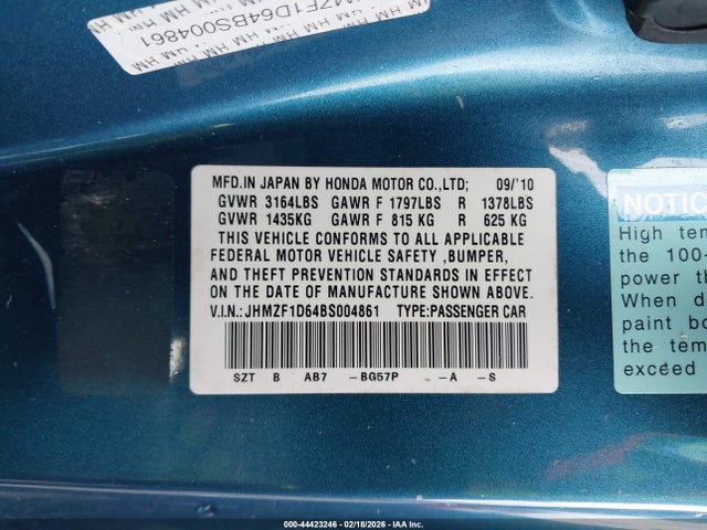 Aukcja sprzedaży 2011 Honda Cr-z Ex, vin: JHMZF1D64BS004861, numer aukcji: 44423246