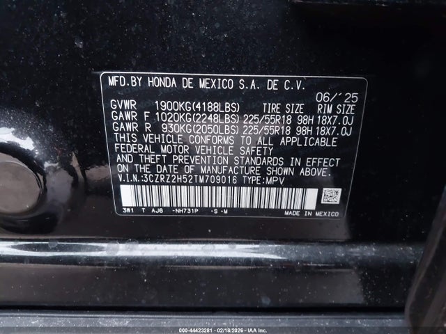 3CZRZ2H52TM709016 Honda Hr-v Awd Sport