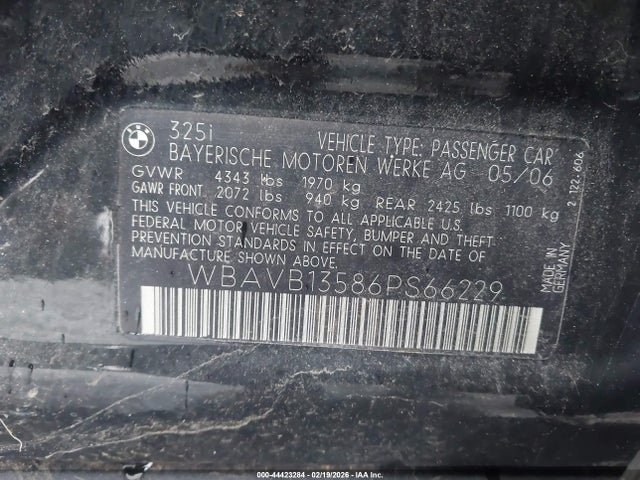 44423284 :رقم المزاد ، WBAVB13586PS66229 vin ، 2006 Bmw 325i مزاد بيع