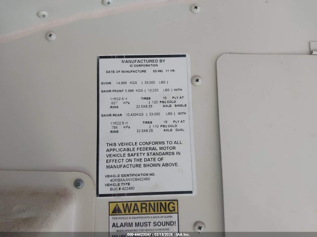 Продажа на аукционе авто 2012 Ic Corporation 3000 Series, vin: 4DRBXAAN1CB422450, номер лота: 44423341