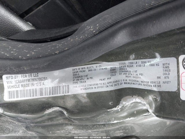 Aukcja sprzedaży 2021 Ram 1500 Big Horn  4x4 5'7 Box, vin: 1C6SRFFM7MN706281, numer aukcji: 44423391