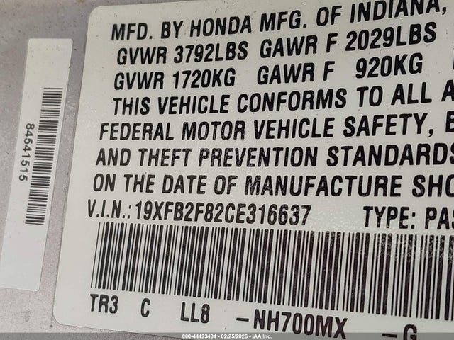 2012 Honda Civic Ex მანქანა იყიდება აუქციონზე, vin: 19XFB2F82CE316637, აუქციონის ნომერი: 44423404