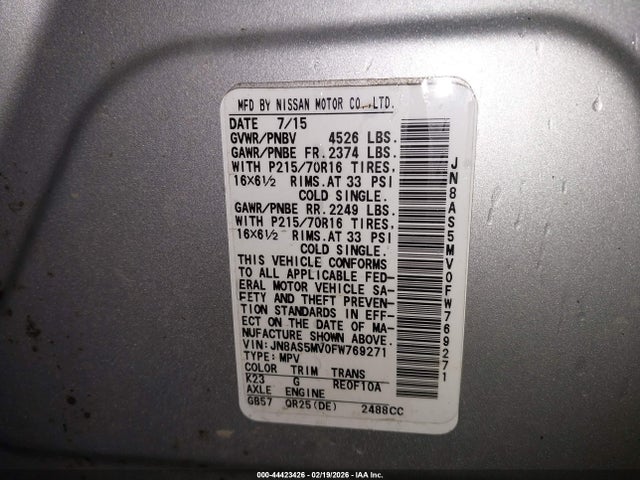 44423426 :رقم المزاد ، JN8AS5MV0FW769271 vin ، 2015 Nissan Rogue Select S مزاد بيع