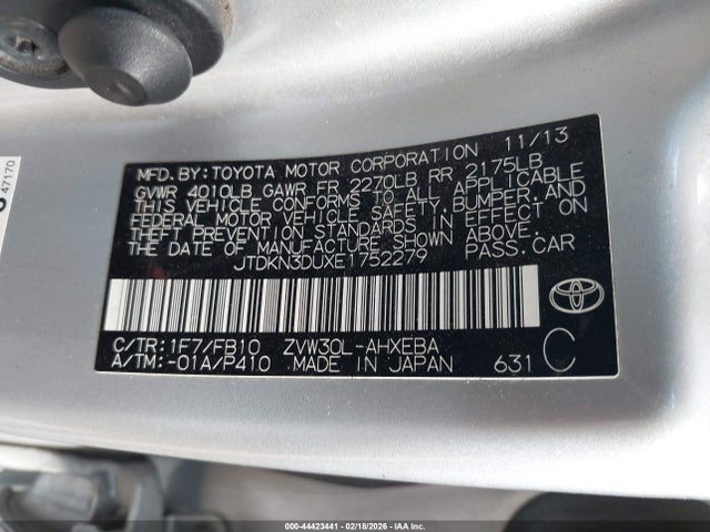 Aukcja sprzedaży 2014 Toyota Prius, vin: JTDKN3DUXE1752279, numer aukcji: 44423441