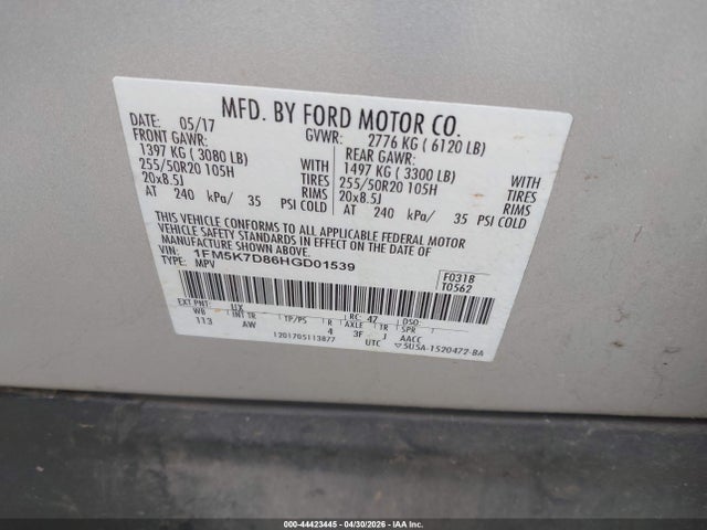 Aukcja sprzedaży 2017 Ford Explorer Xlt, vin: 1FM5K7D86HGD01539, numer aukcji: 44423445
