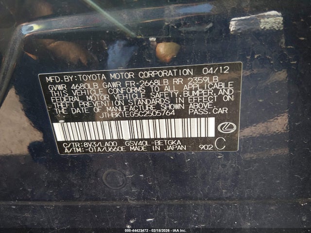 2012 Lexus Es 350 მანქანა იყიდება აუქციონზე, vin: JTHBK1EG5C2505764, აუქციონის ნომერი: 44423472