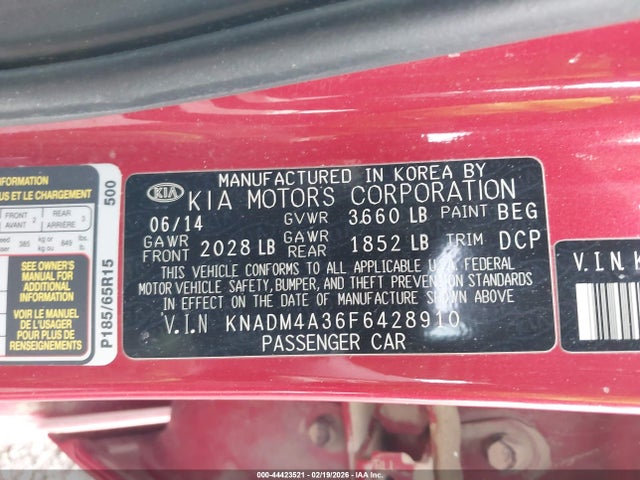 KNADM4A36F6428910 KIA RIO LX