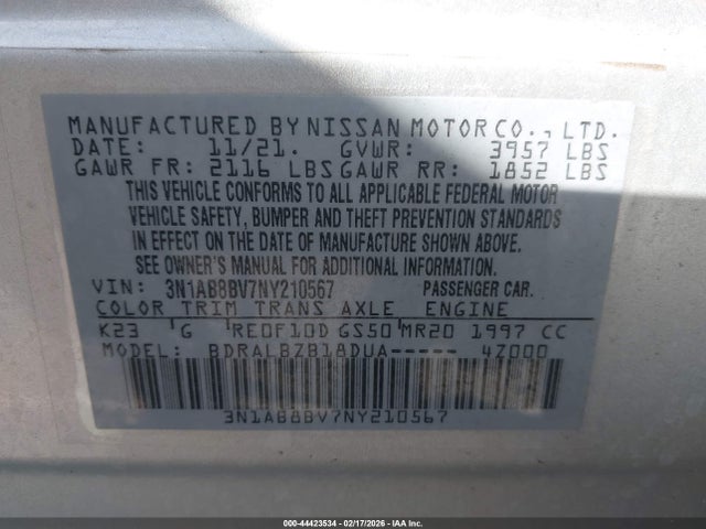 3N1AB8BV7NY210567 Nissan Sentra S Xtronic Cvt