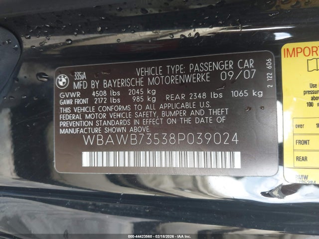 Продажа на аукционе авто 2008 Bmw 335i, vin: WBAWB73538P039024, номер лота: 44423560