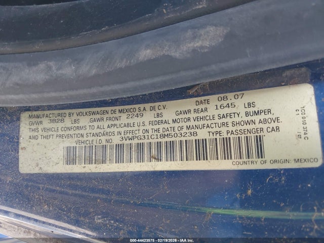 44423575 :رقم المزاد ، 3VWPG31C18M503238 vin ، 2008 Volkswagen New Beetle S مزاد بيع