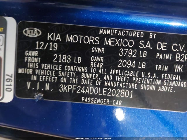 Aukcja sprzedaży 2020 Kia Forte Lxs, vin: 3KPF24AD0LE202801, numer aukcji: 44423601