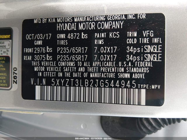 44423604 :رقم المزاد ، 5XYZT3LB2JG544945 vin ، 2018 Hyundai Santa Fe Sport 2.4l مزاد بيع