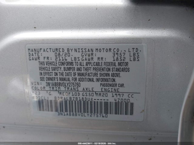 3N1AB8BV0LY275760 Nissan Sentra S Xtronic Cvt